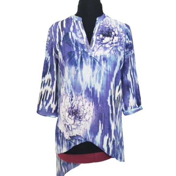 Chico's Tops - Chico's Tiered Layer Floral Asymmetric Hem 3/4 Sleeve High Low Blue White Tunic